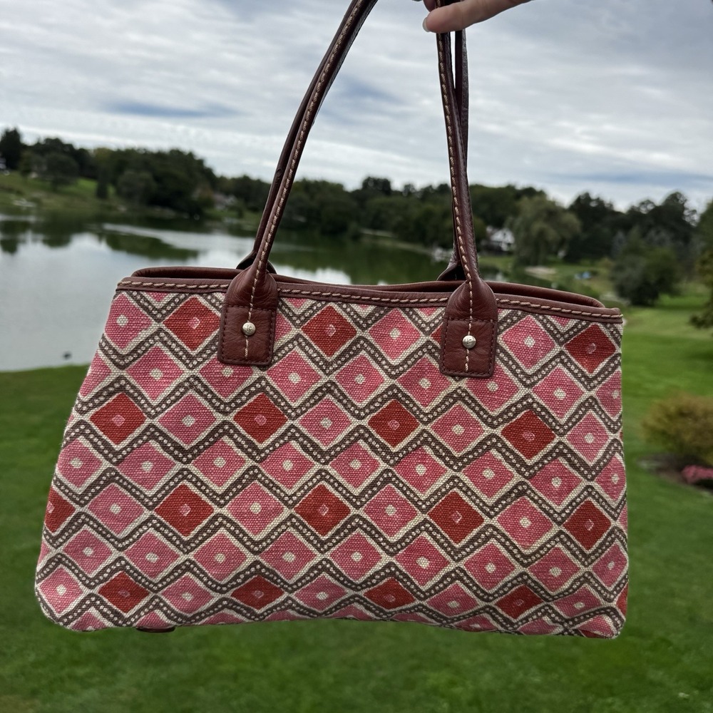 Liz Clairborne Artisanal Geometric Canvas Tote Brown Leather Straps Retro Charm